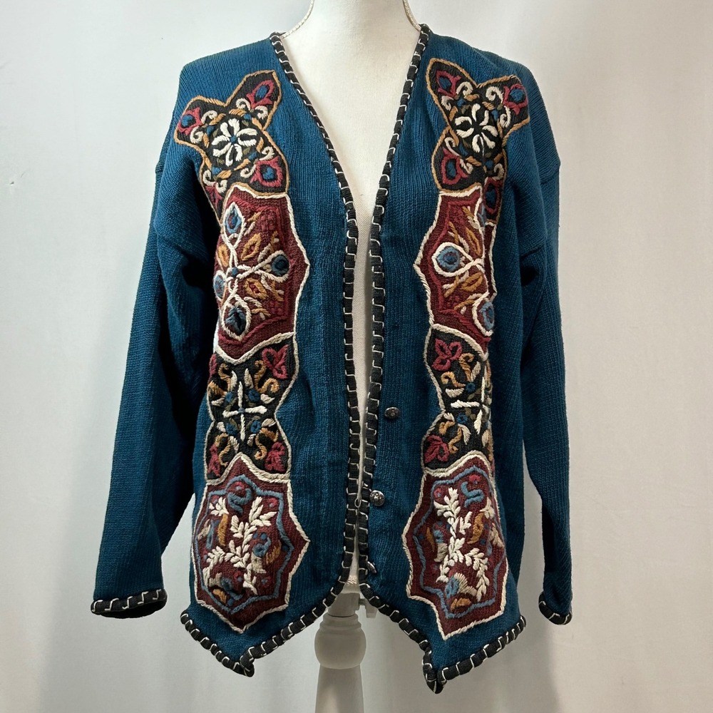 RAFIA Women's Cardigan Sweater L‎ Blue Embroidered Knit Boho 80's Vintage
